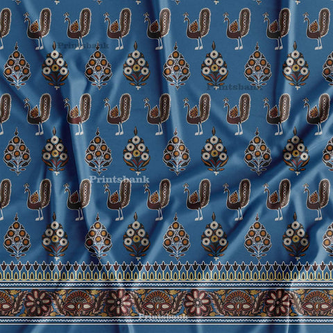 Powder Blue Floral Peacock Boarder Print