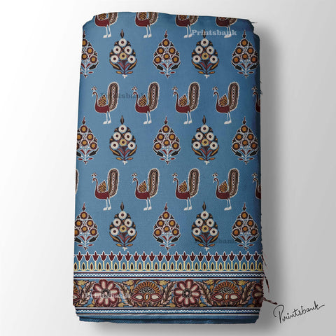Powder Blue Floral Peacock Boarder Print