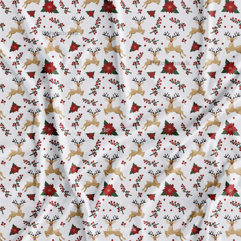 White Baby Print Deer Red Floral Digital Fabric