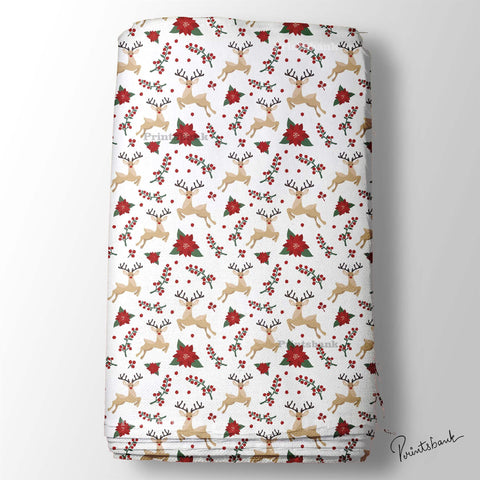 White Baby Print Deer Red Floral Digital Fabric