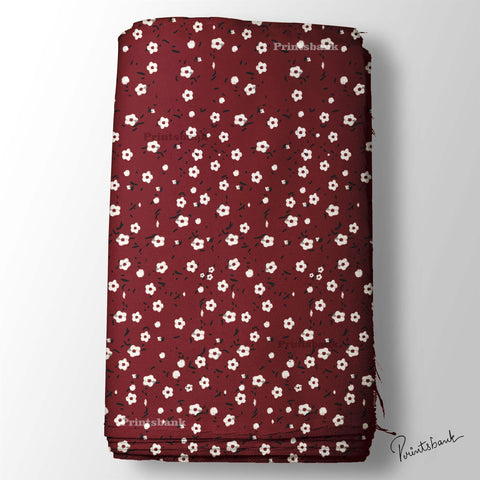 Maroon White Mini Floral Fabric