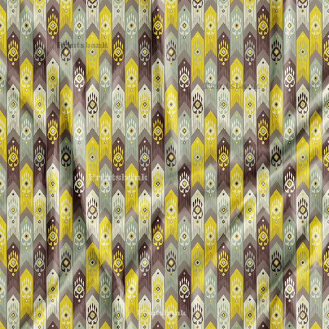 Yellow Gray Ikat Digital Printed Fabric Material