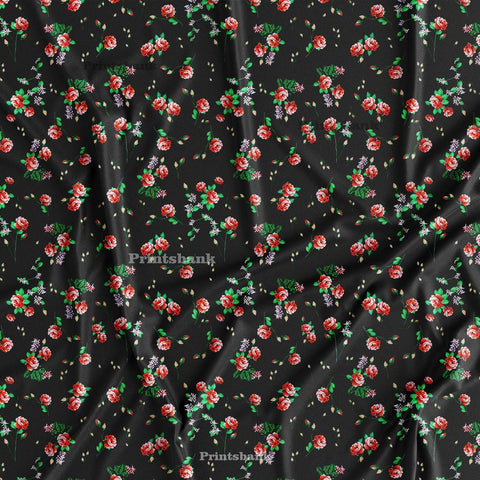 Black Pink Rose Bunches Floral Motif Material