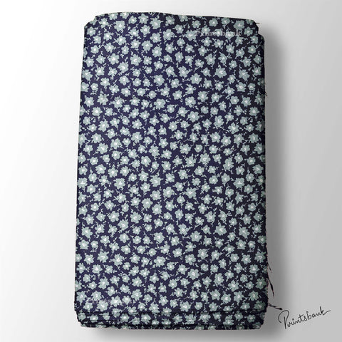 Indigo Blue Mini White Floral Fabric For Ethnic Wear