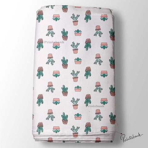 White Baby Cactus Printed Fabric Material