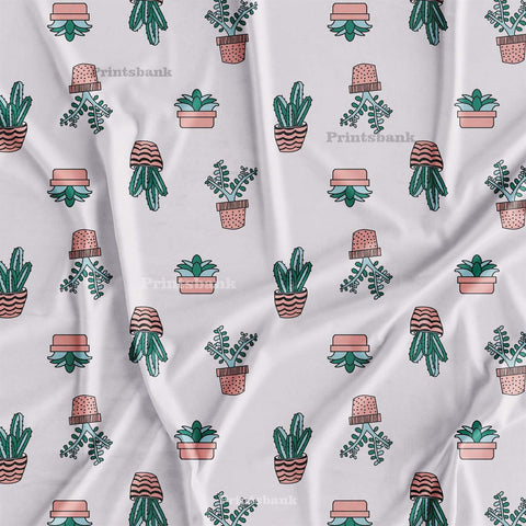 White Baby Cactus Printed Fabric Material