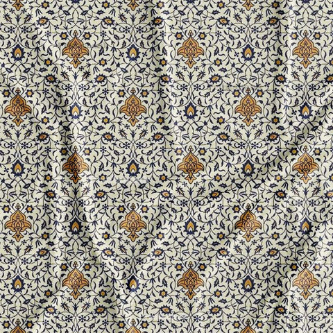 White Floral Mughal Jaal Printed Clothing Material
