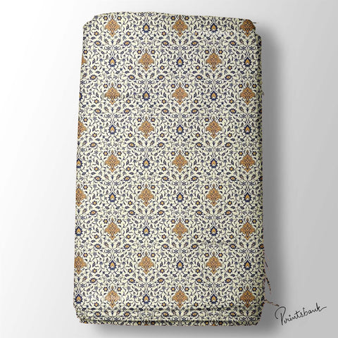 White Floral Mughal Jaal Printed Clothing Material