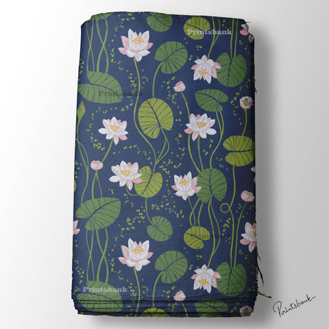 Navy Blue Pink Lotus Floral Pichwai Digital Printed Fabric Material
