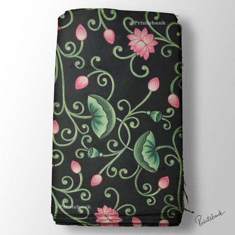 Black Green Pink Lotus Floral Pichwai Digital Printed Fabric Material
