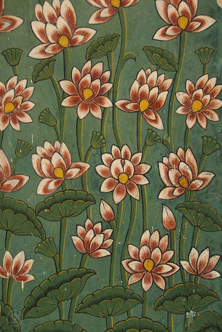 Green Pink Lotus Floral Pichwai Digital Printed Fabric Material