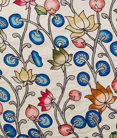 Beige Multi Color Lotus Pichwai Floral Digital Printed Fabric Material