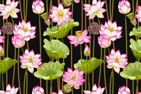 Black Pink Lotus Pichwai Floral Digital Printed Fabric Material