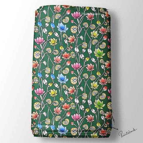 Green Multi Color Lotus Floral Pichwai Digital Printed Fabric Material
