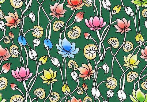Green Multi Color Lotus Floral Pichwai Digital Printed Fabric Material